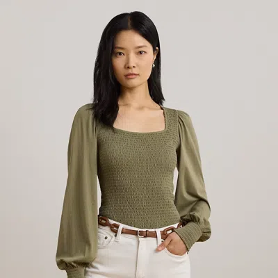 Ralph Lauren Smocked Jersey Blouson-sleeve Top In Sage Green