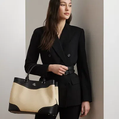 Ralph Lauren Straw & Leather Large Marcy Satchel In Light Natural/black