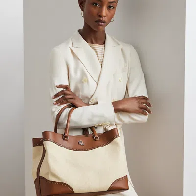 Ralph Lauren Straw & Leather Large Marcy Satchel In Light Natural/lauren Tan