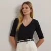 Ralph Lauren Stretch Cotton Elbow-sleeve V-neck Tee In Black