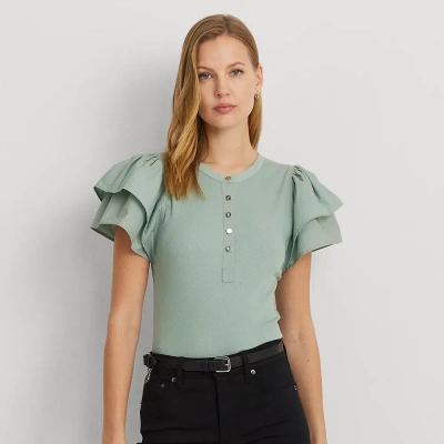 Lauren Ralph Lauren Stretch Cotton Flutter-sleeve Henley Top In Soft Laurel