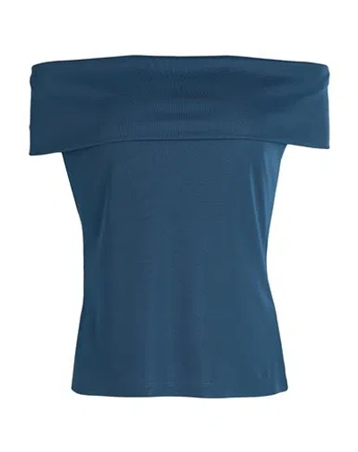 Ralph Lauren Lauren  Stretch Jersey Off-the-shoulder Tee Woman Top Slate Blue Size L Polyester, Elast