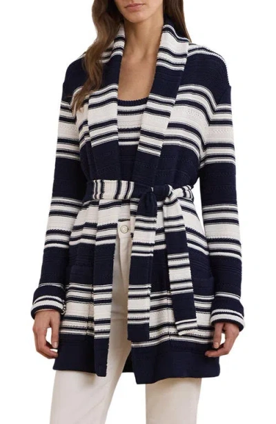 Ralph Lauren Striped Belted Cotton-blend Cardigan In Refined Navy,white