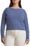 Ralph Lauren Lauren  Stripe Cotton Boat Neck T-shirt In New Sapphire/white