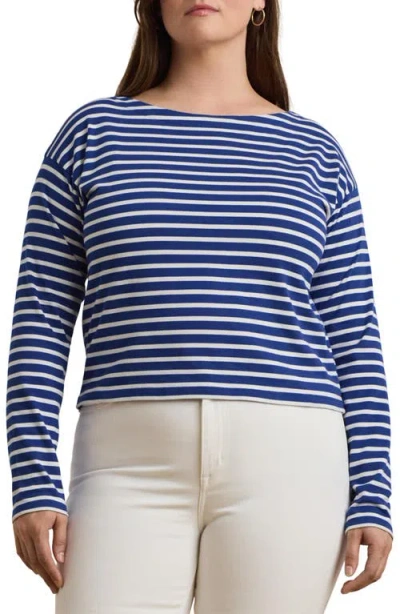 Ralph Lauren Lauren  Stripe Cotton Boat Neck T-shirt In New Sapphire/white