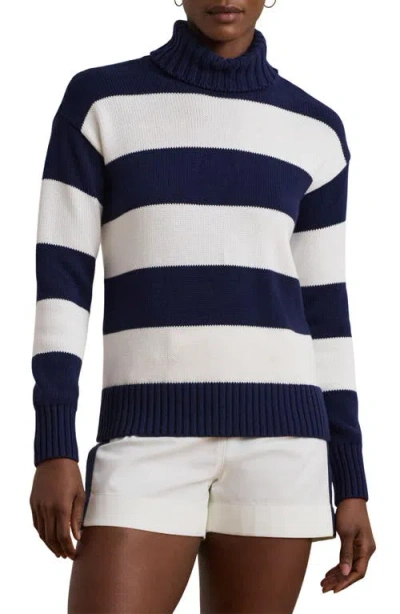 Ralph Lauren Striped Cotton Turtleneck Sweater In Refined Navy/white
