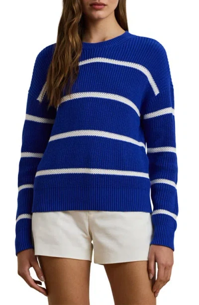 Ralph Lauren Lauren  Stripe Linen Crewneck Sweater In New Sapphire/white