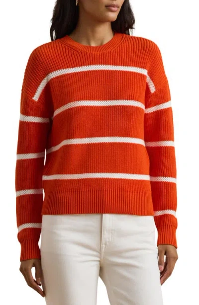 Ralph Lauren Lauren  Stripe Linen Crewneck Sweater In Orange Lily/white