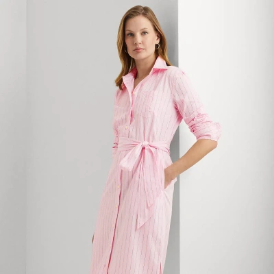 Lauren Ralph Lauren Striped Belted Broadcloth Shirtdress In Pink/white Multi