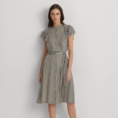 Lauren Ralph Lauren Striped Belted Chiffon Shirtdress In Cream/black