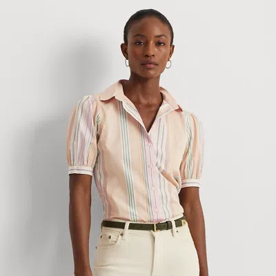 Ralph Lauren Striped Broadcloth Puff-sleeve Shirt In Tan/lilac/multi