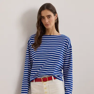 Ralph Lauren Striped Cotton Jersey Boatneck Top In New Sapphire,white