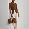 Ralph Lauren Striped Leather Large Hanna Satchel In Tan/soft White Multi