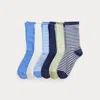 Ralph Lauren Striped Stretch Roll-top Sock 6-pack In Denim Blue/green Ivory