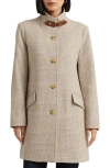 Lauren Ralph Lauren Tab Front Wool Blend Coat In Camel Brown/cream