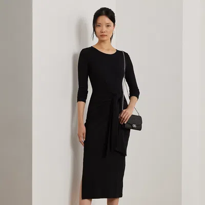 Ralph Lauren Tie-front Cotton-blend Crewneck Dress In Black