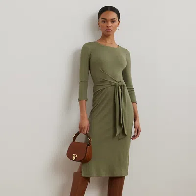 Ralph Lauren Tie-front Cotton-blend Crewneck Dress In Sage Green