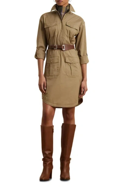 Ralph Lauren Lauren  Tie Waist Long Sleeve Stretch Poplin Shirtdress In Madison Tan
