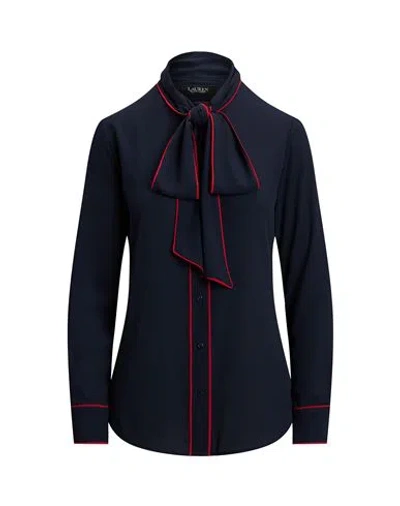 Ralph Lauren Lauren  Two-tone Georgette Tie-neck Blouse Woman Shirt Midnight Blue Size L Recycled Pol
