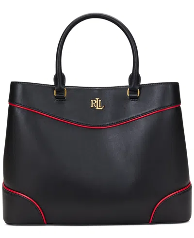 Ralph Lauren Two-tone Leather Large Marcy Satchel In Black,festive Red