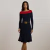 Ralph Lauren Two-tone Pointelle-knit Dress In Lauren Navy/festive Red