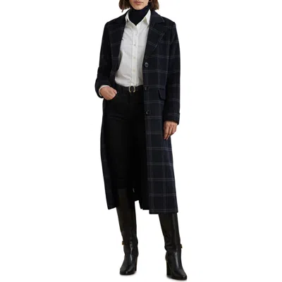 Ralph Lauren Lauren  Windowpane Plaid Longline Wool Blend Reefer Coat In Navy Blue/grey Windowpane