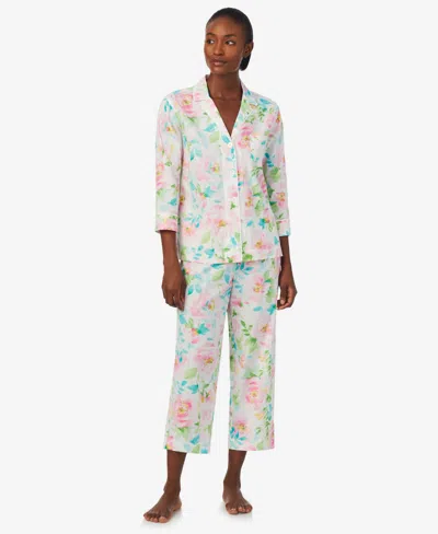 Lauren Ralph Lauren Women's 2-pc 3/4 Sleeve Notch Collar Top And Capri Pants Pajama Set In Multi Floral