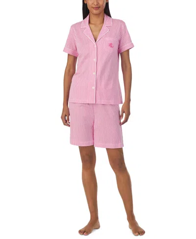 Lauren Ralph Lauren Women's 2-pc. Short-sleeve Notch-collar Bermuda Pajama Set In Pink Stripe