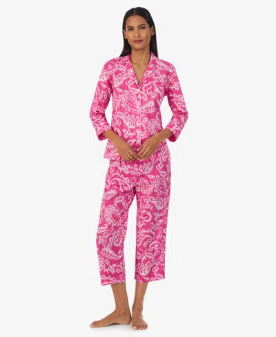 Lauren Ralph Lauren Women's 3/4-sleeve Cropped Pant Pajama Set In Pink Pais