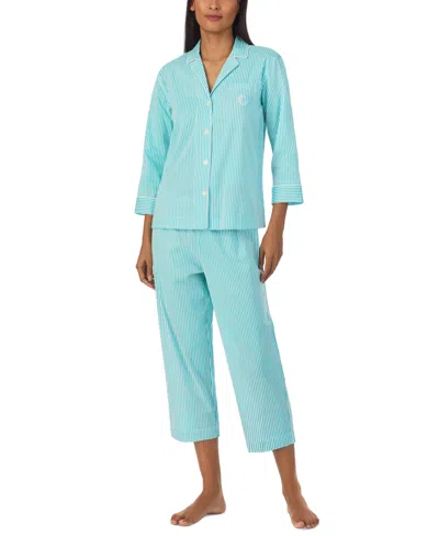 Lauren Ralph Lauren Women's 3/4-sleeve Cropped Pant Pajama Set In Turqouise Stripe