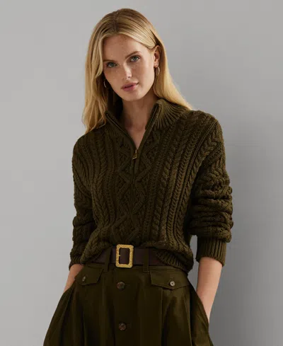 Ralph Lauren Women's Aran-knit Cotton Quarter-zip Pullover In Botanic Green