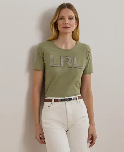 Ralph Lauren Women's Beaded-logo Cotton Jersey Tee In Sage Green