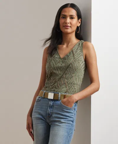 RALPH LAUREN WOMEN'S BEADED MESH SLEEVELESS BLOUSE