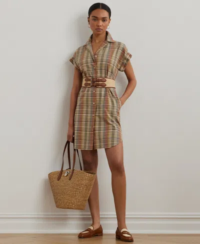 Ralph Lauren Women's Belted Cotton Madras Shirtdress In Green,tan,blue Multi