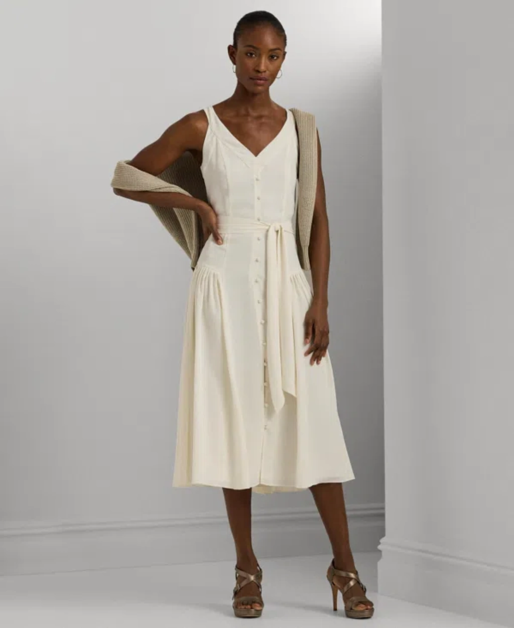 Ralph Lauren Belted Georgette Sleeveless Dress In Winter Cream