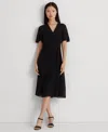 Ralph Lauren Women's Self-belt Roll-tab Sleeve Surplice Crepe Dress In Black