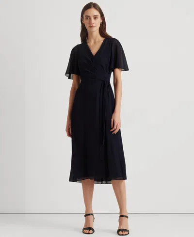Ralph Lauren Women's Self-belt Roll-tab Sleeve Surplice Crepe Dress In Lighthouse Navy
