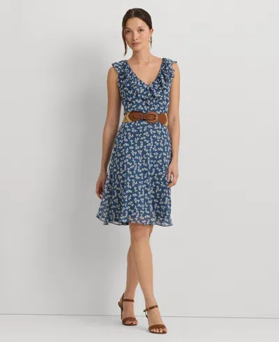 Lauren Ralph Lauren Women's Belted Ruffled Fit & Flare Dress, Regular & Petite In Blue