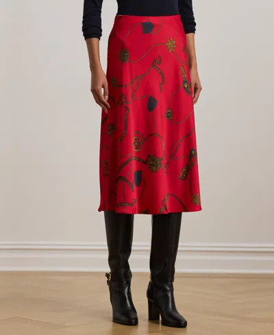 Ralph Lauren Women's Belting-print Satin Charmeuse Midi Skirt In Red Multi