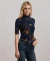 Ralph Lauren Women's Belting-print Stretch Jersey Turtleneck In Navy Multi