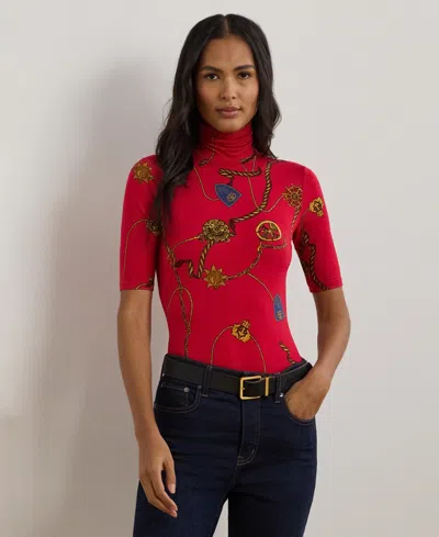 Ralph Lauren Women's Belting-print Stretch Jersey Turtleneck In Red Multi