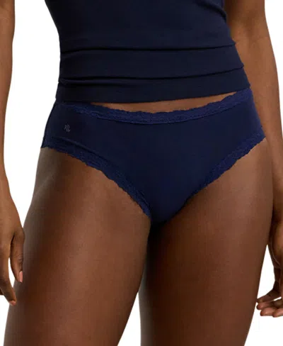 Lauren Ralph Lauren Women's Cotton & Lace Jersey Hipster Brief Underwear 4l0077 In Navy