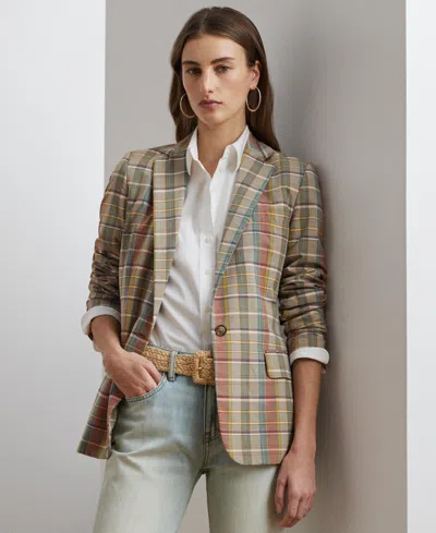 Ralph Lauren Women's Cotton Madras Blazer In Green,tan,blue Multi