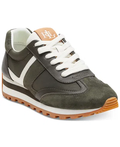 Ralph Lauren Dani Colour Block Dark Olive Soft White Suede Trai In Khaki Suede