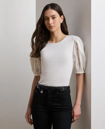 Ralph Lauren Women's Eyelet Jersey Puff-sleeve Tee In White