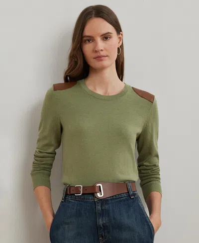 Ralph Lauren Women's Faux-leather-trim Cotton-blend Sweater In Sage Green