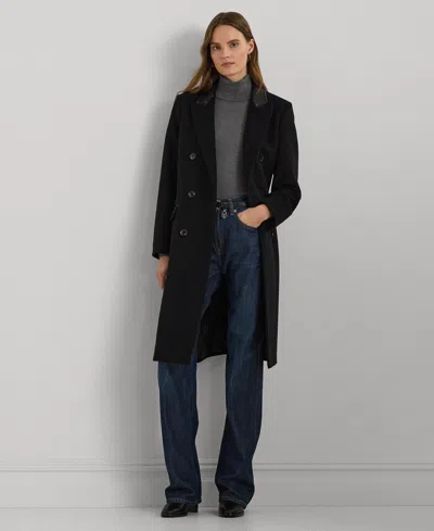 Ralph Lauren Women's Faux-leather-trim Double-breasted Coat In Black