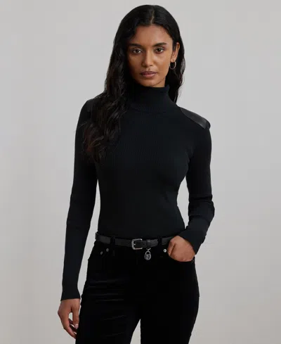 Ralph Lauren Women's Faux-leather-trim Ribbed Turtleneck In Black