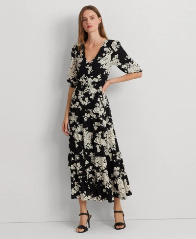 Ralph Lauren Women's Floral Belted Bubble Crepe Dress In Black,cream