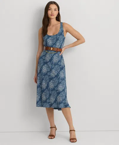Lauren Ralph Lauren Women's Floral Belted Crepe Sleeveless Dress In Blue